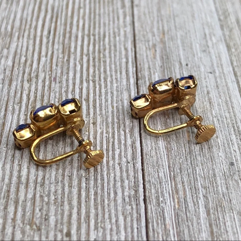 Vintage Blue Glass Rhinestone Screw Back Earrings